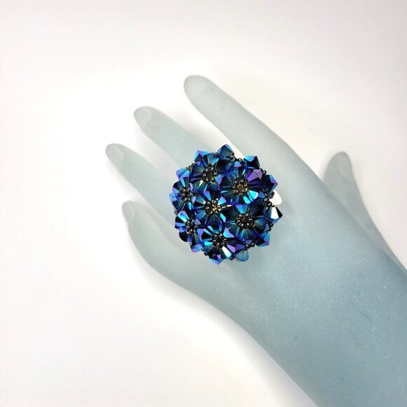 Blue Sparkling Crystal Ring Bicone Beads Cluster Ring Glitter Stretch Ring - Picture 2 of 12